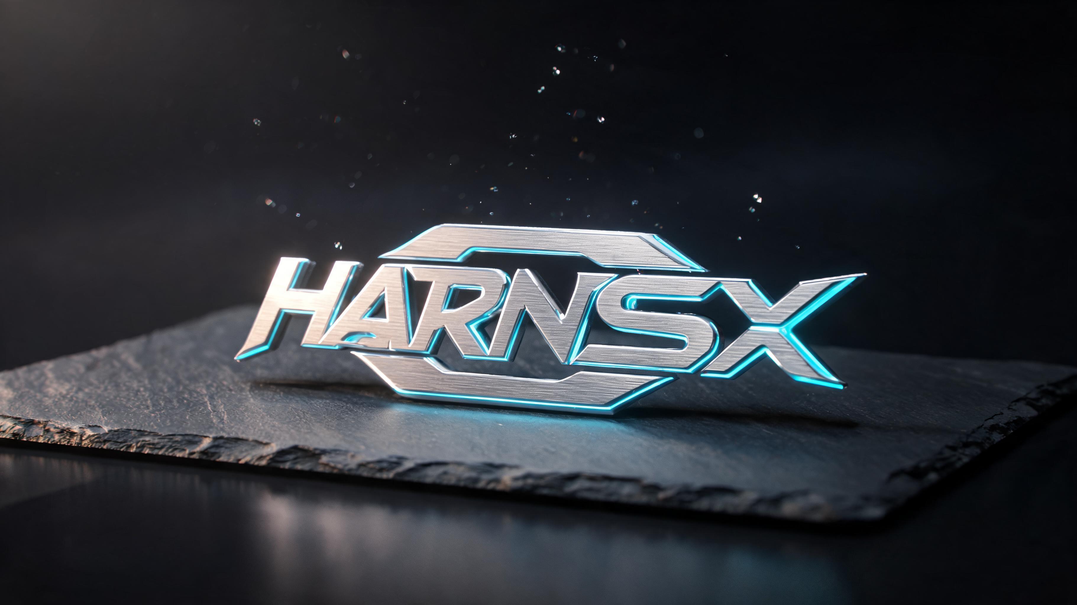 3D editorial rendering of the Harness logo in brushed metal with neon blue highlights and studio lighting