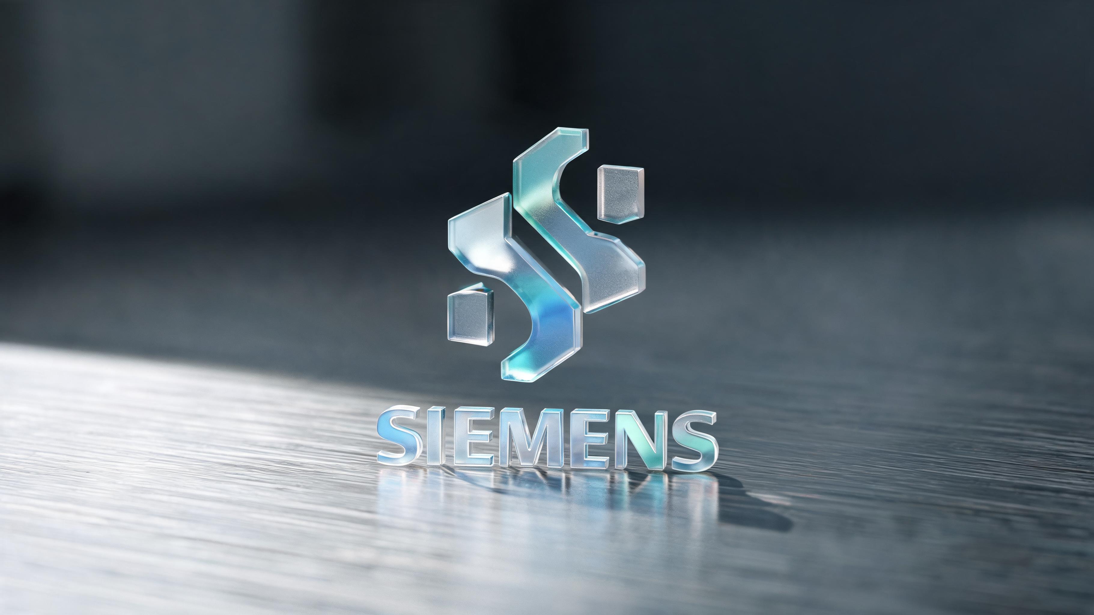 3D editorial rendering of the Siemens Eigen Engineering Agent logo in frosted glass with ambient studio lighting