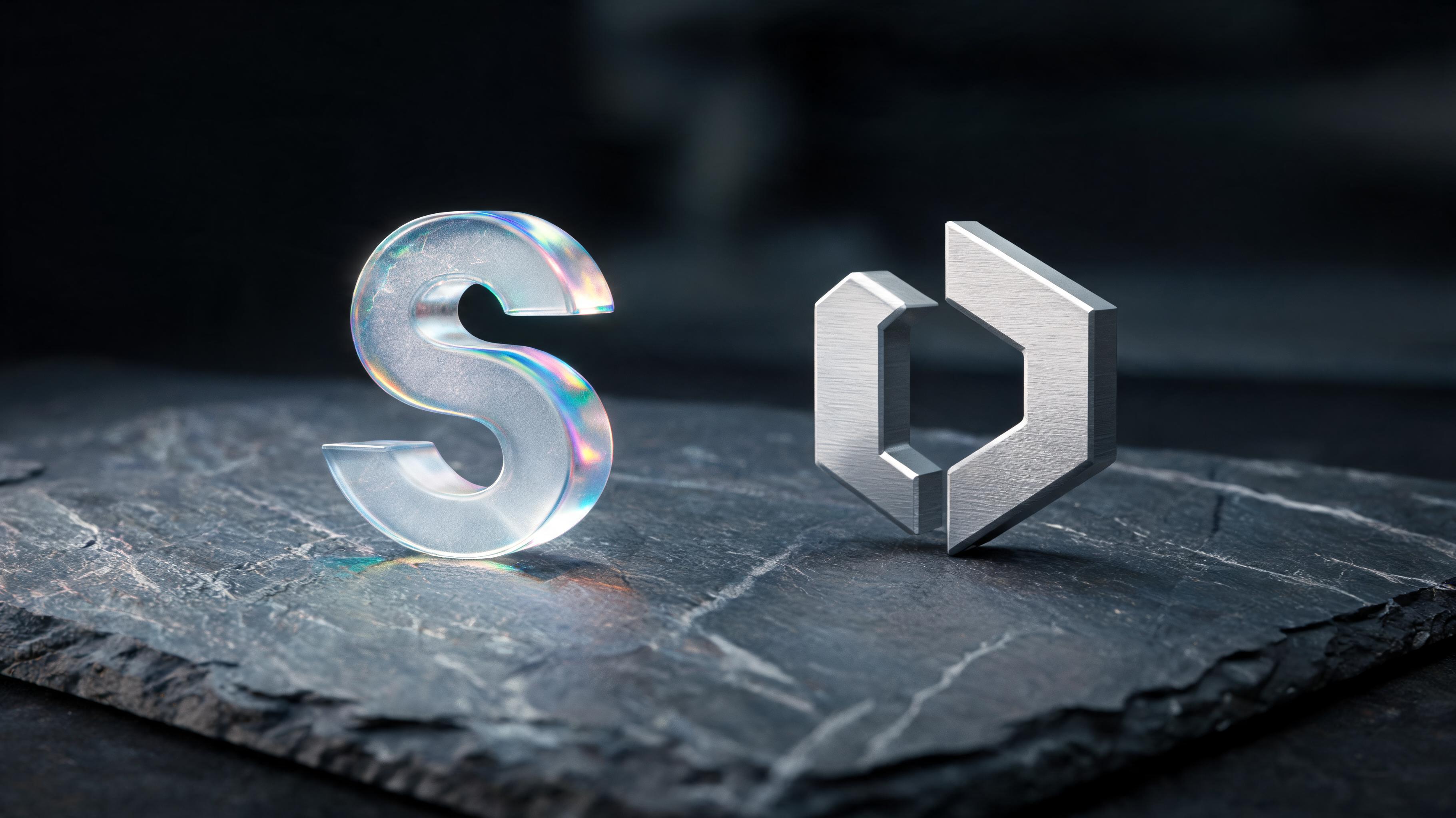 3D editorial rendering of the SimScale logo in frosted glass alongside the Onshape logo, illuminated by studio lighting