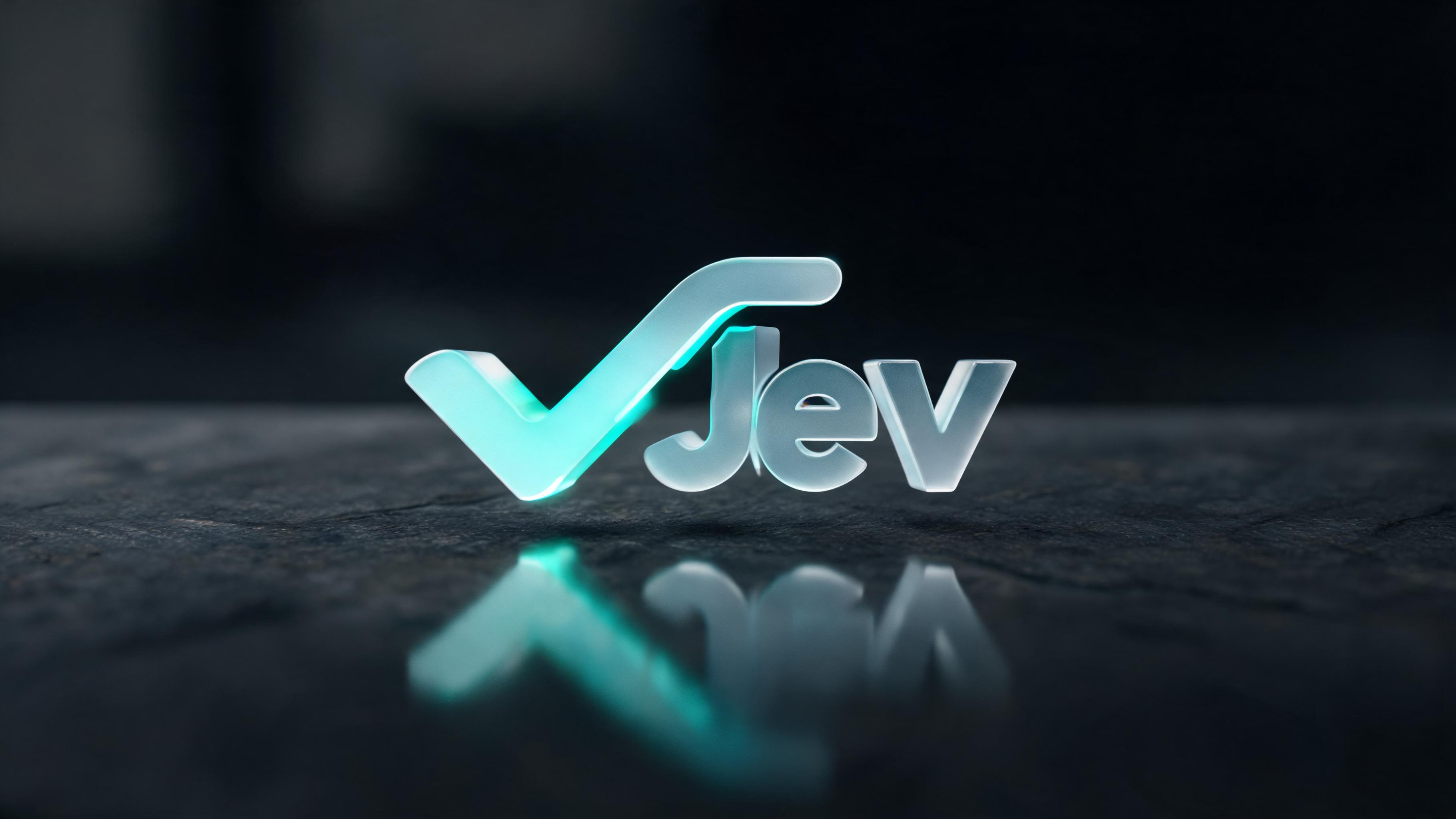 3D editorial rendering of the Vercel logo combined with a frosted glass Jev emblem, illuminated by studio lighting