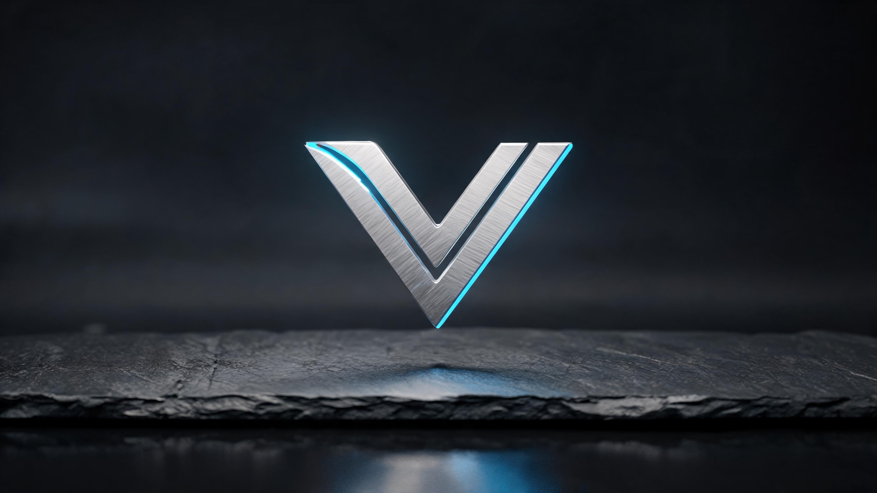 3D editorial rendering of the Vercel AI SDK logo in brushed metal with neon blue lighting