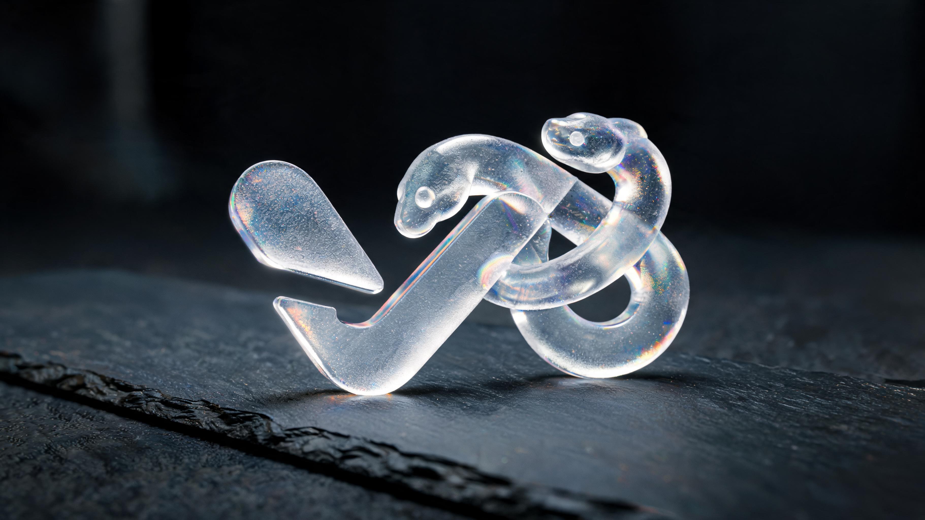 3D editorial rendering of the Vercel logo and Python snake in frosted glass with ambient studio lighting