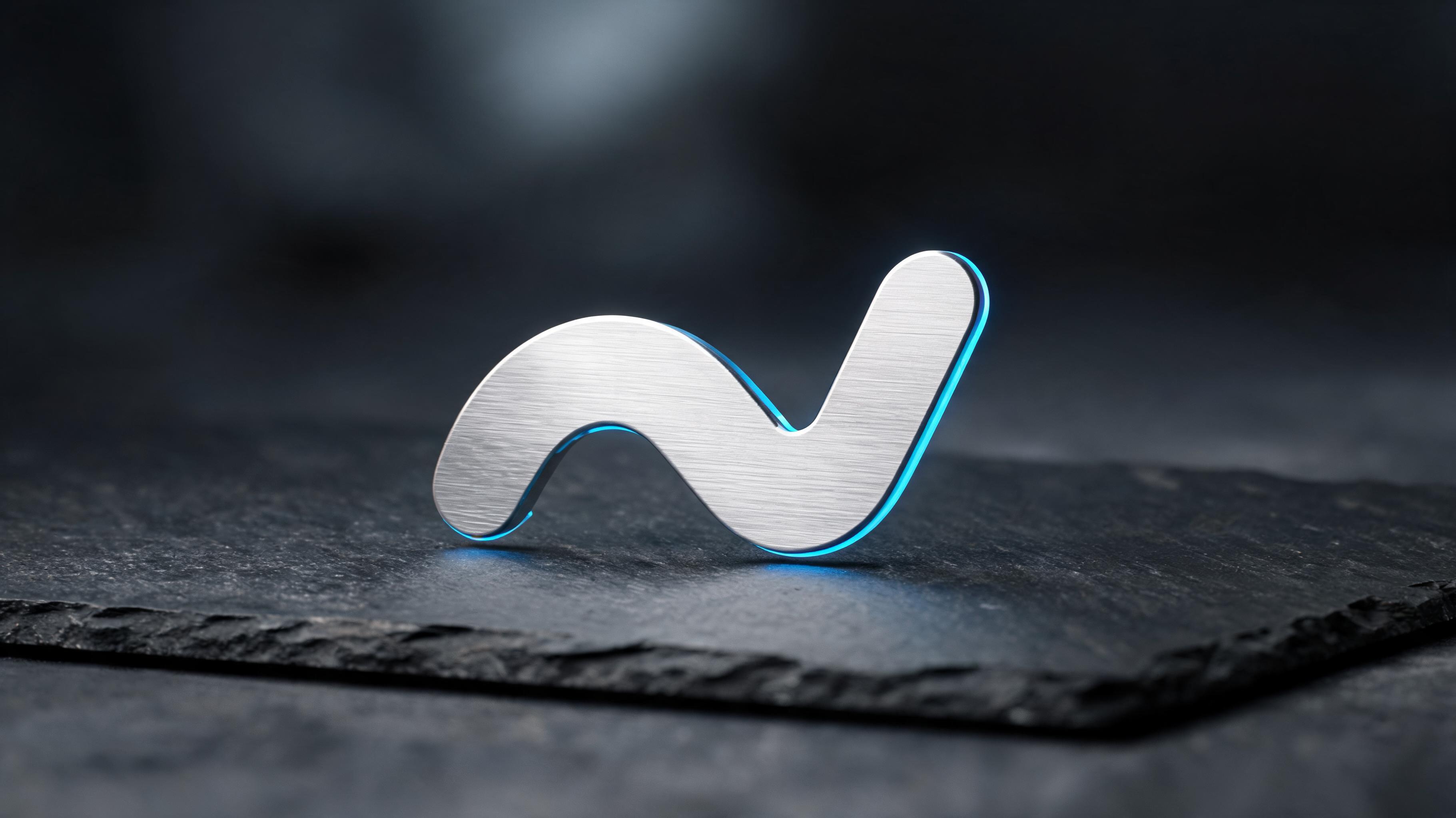 3D editorial rendering of the Vercel logo in brushed metal with neon blue lighting