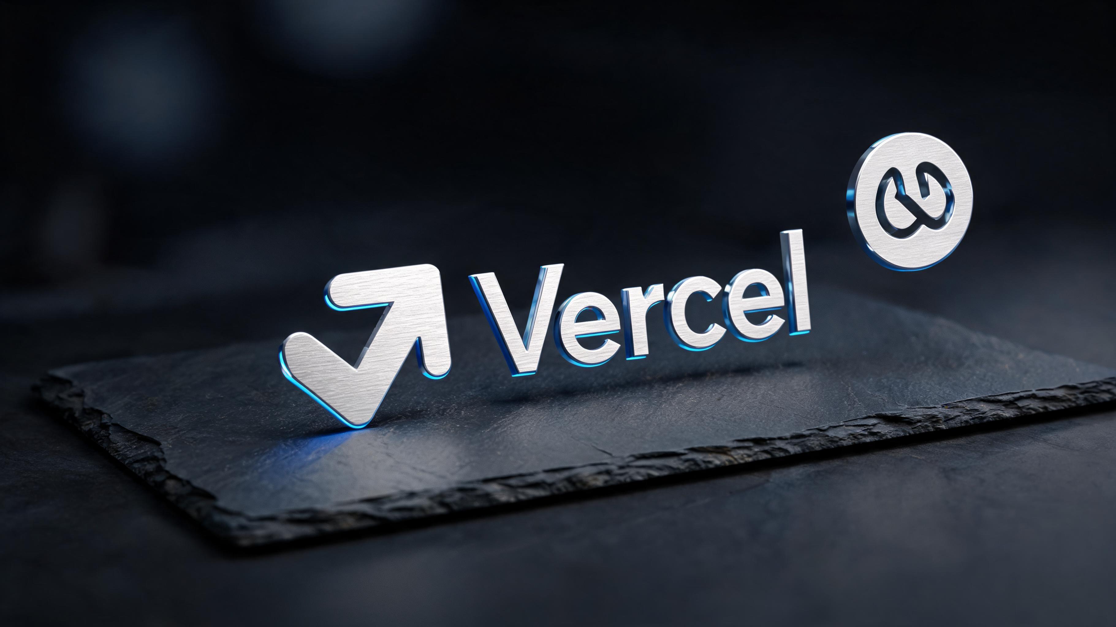 3D editorial rendering of the Vercel logo in brushed metal with neon accents and AI Gateway icon, studio lighting